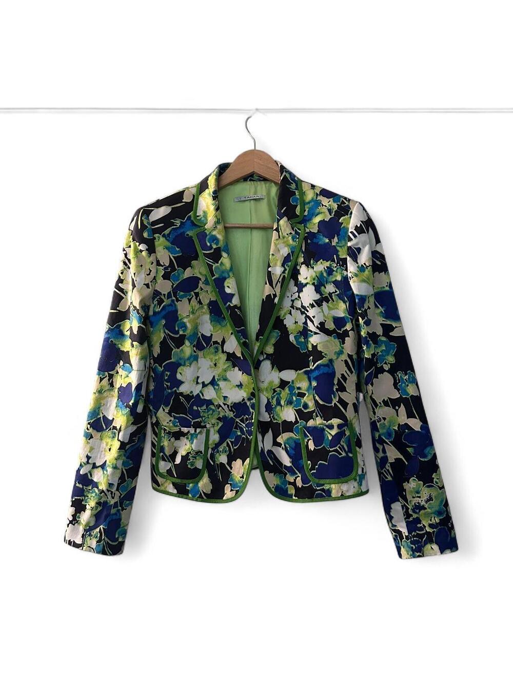 T Tahari Floral Blazer Jacket Size 8 Blue Green Cotton Stretch